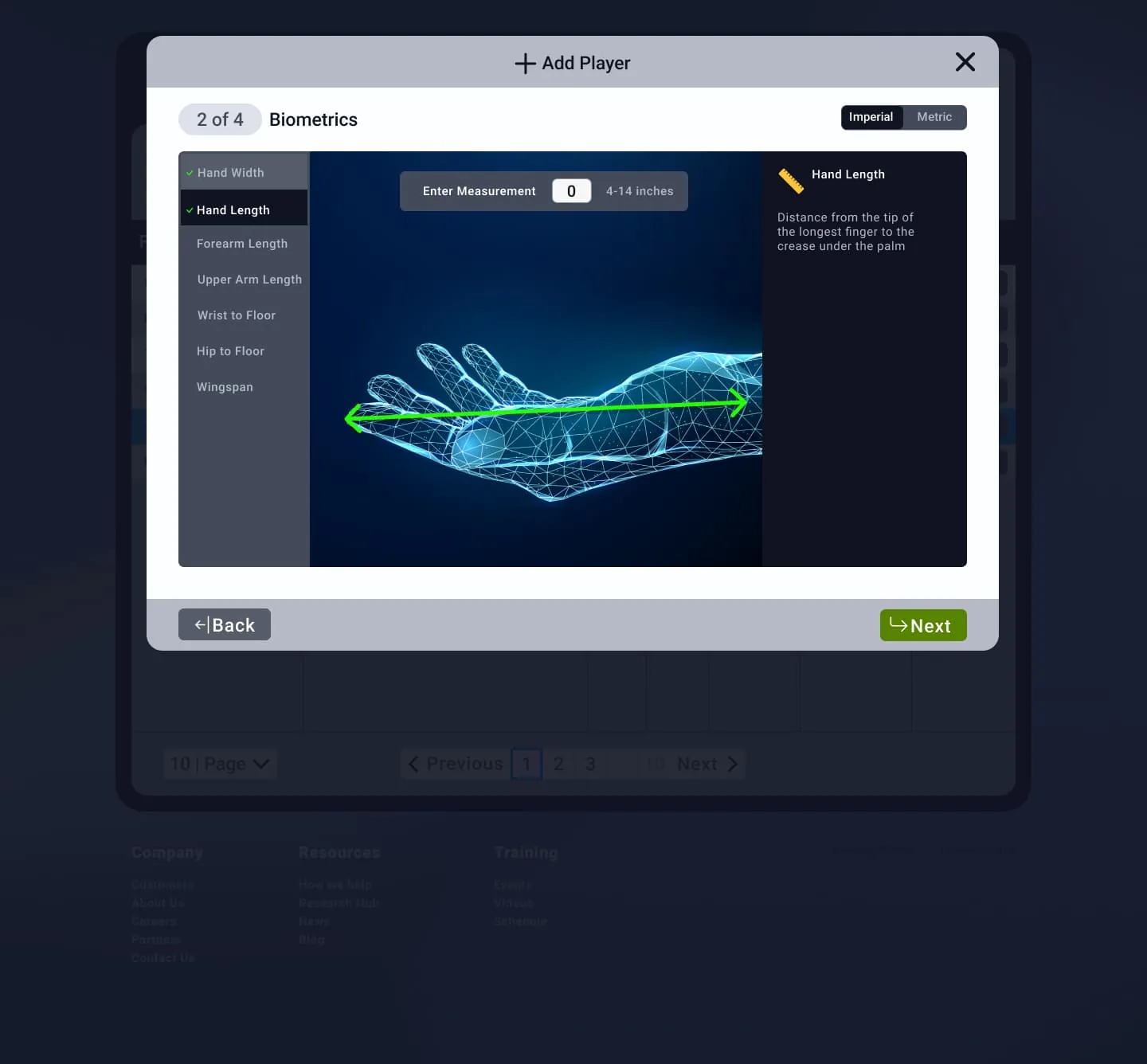 Add player, hand and arm measurements