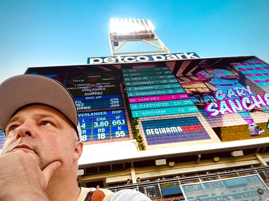 Ryan Trenhaile looking up at the scoreboard at Petco Park