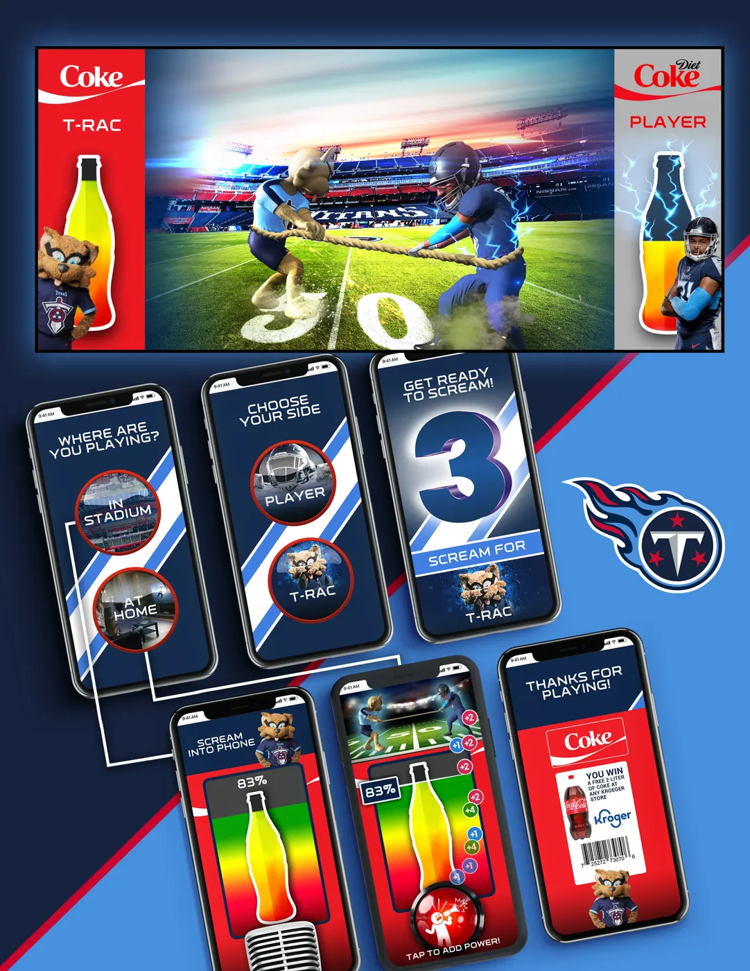 Stadium tug of war game on phones and big screen